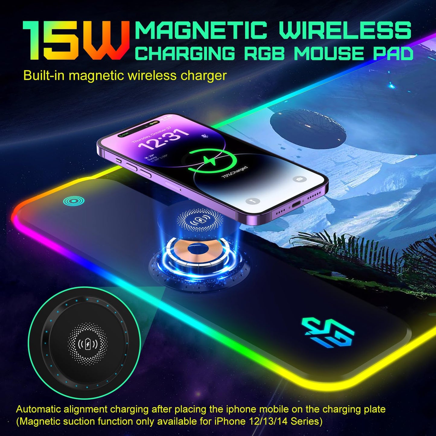 GIM 15W Wireless Charging RGB Gaming Mouse Pad, LED Mouse Pad 800x300x4MM, 10 Light Modes Extra Large Mousepad Non-Slip Rubber Base RGB Desk Mat for Gaming, MacBook, PC, Laptop, Desk (Planetary)