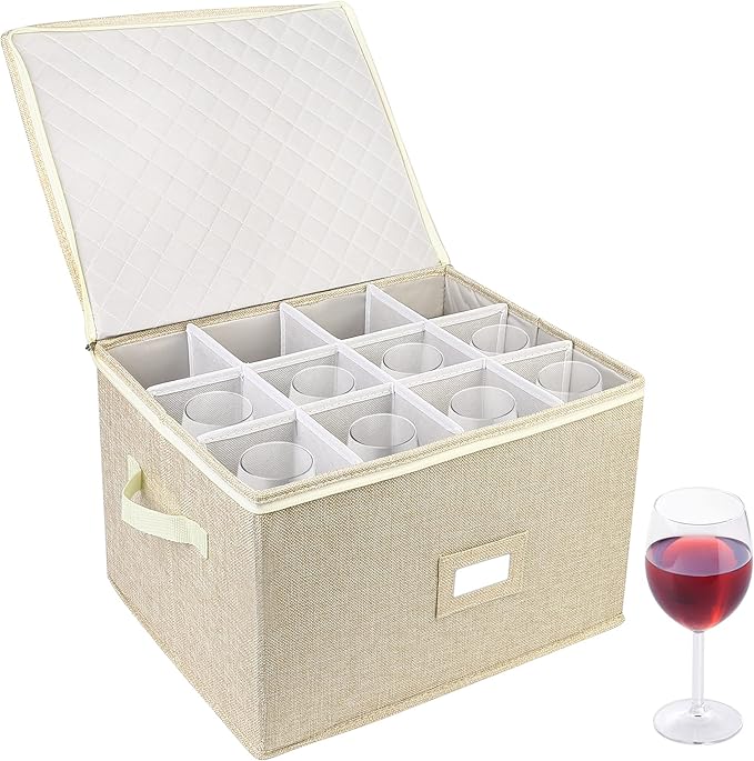 LotFancy Stemware Storage Container for Moving, Hard Shell, Stackable Wine Glass Storage Box with Dividers & Handles, Crystal Glassware, Champagne Flute, Drinkware Case, Beige