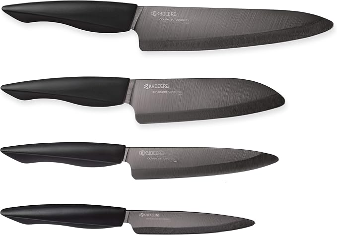 Kyocera 5 piece Ceramic Knife Block Set, Black Patented Blade Sizes: 7", 5.5", 5", 4.5", Stainless