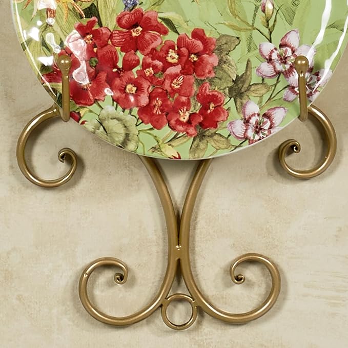 Kanya Gold Four Plate Wall Mount Rack | Four Plate Holder | Plate Display Easel Decor | Openwork Scrolls | Traditional Classic Metal Plate Racks | Square or Round Plates | Kitchen | Dining Room