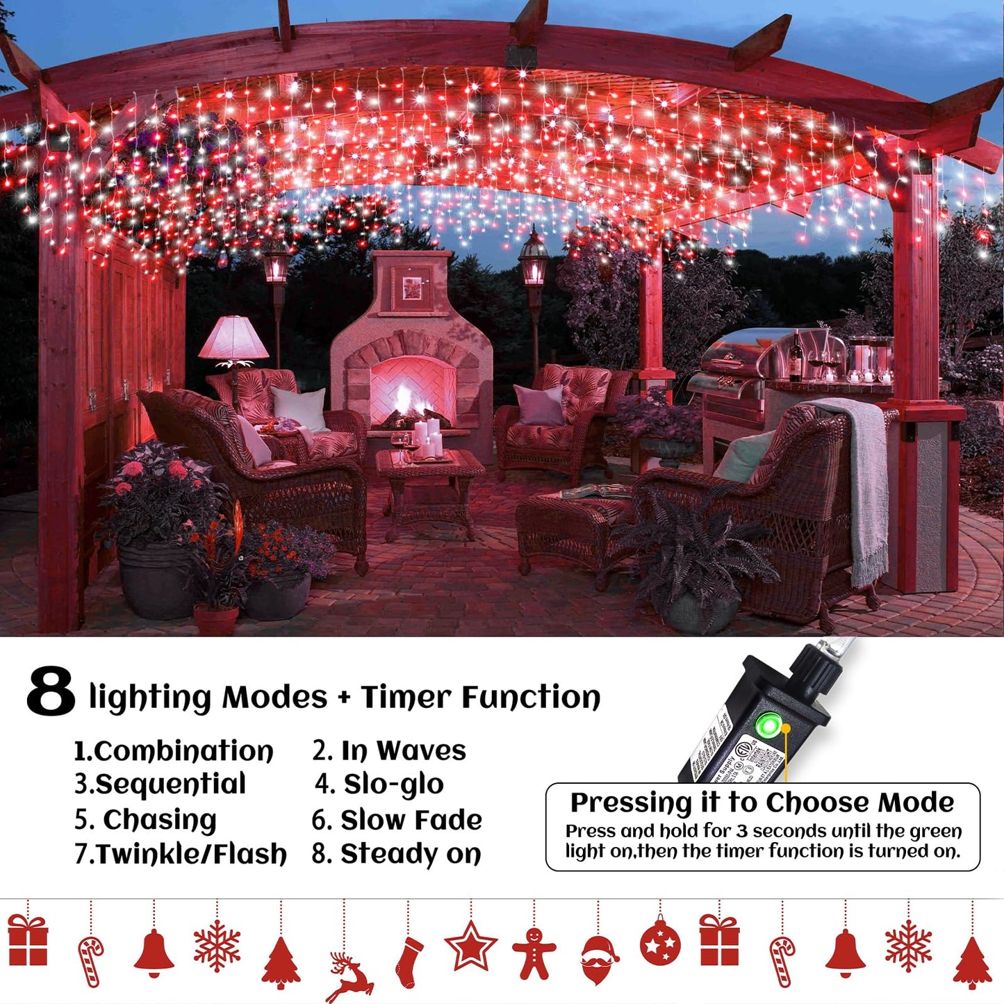 132Ft Icicle Lights For Outside  Red And White Christmas Lights Outdoor Indoor  1280 Led Twinkle With 240 Drops Short Curtain For Thanksgiving Room Home Wall Bedroom Window Decoration