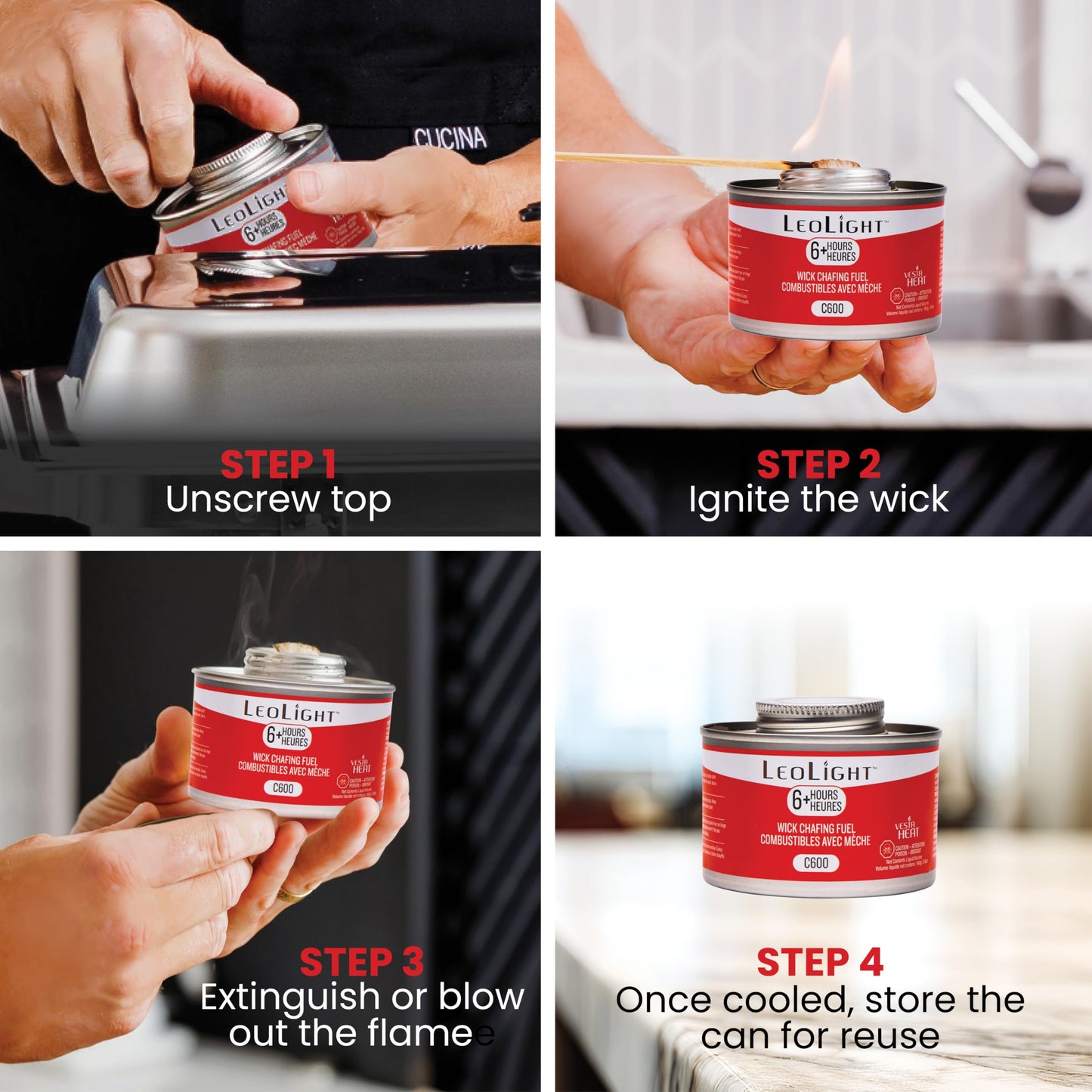 6 Pack Chafing Fuel 6 Hour Burn – Odorless, Smokeless & Spill-Proof Wick, 7.8oz Food Warmer Fuel for Chafing Dish Buffet Set & Catering Use, LeoLight