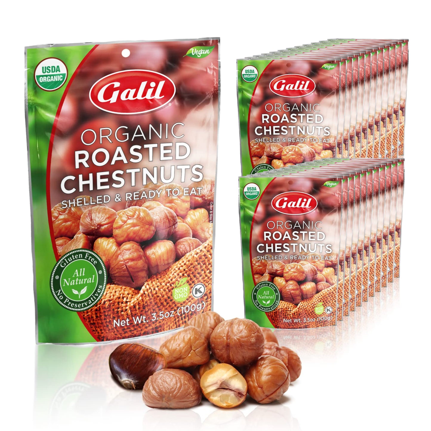 Galil Organic Roasted Chestnuts Pack of 24 Shelled & Ready to Eat Chestnuts - Gluten Free, Vegan, Organic, Non-GMO, Kosher Snack