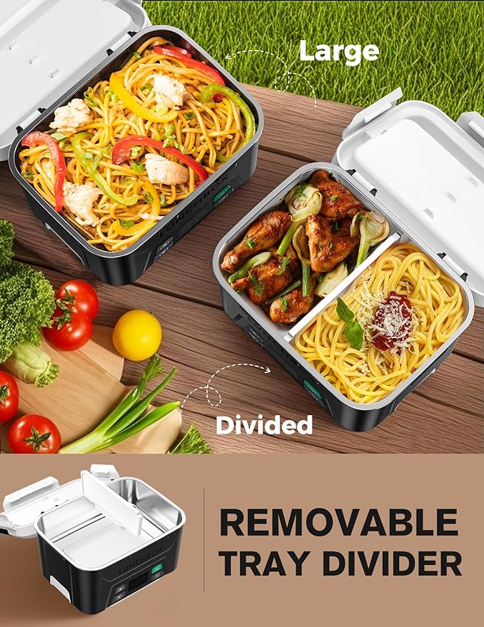 EAST OAK Heated Lunch Box Battery Powered with Automatic Heating, Cordless Heatable Lunchbox for Adults, 1.3L Portable Food Warmer with Insulated Carry Bag