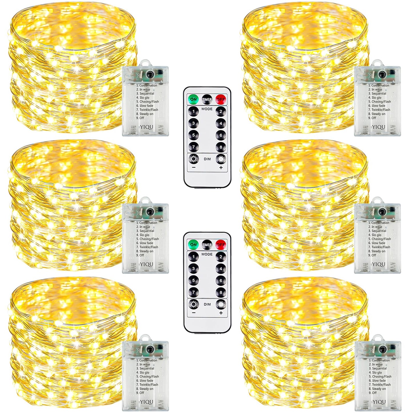 YIQU 6 Pack LED Fairy Lights, 26 FT, Battery Operated, Remote Control, Warm White, 8 Modes, Copper, Model: silver80-6pk