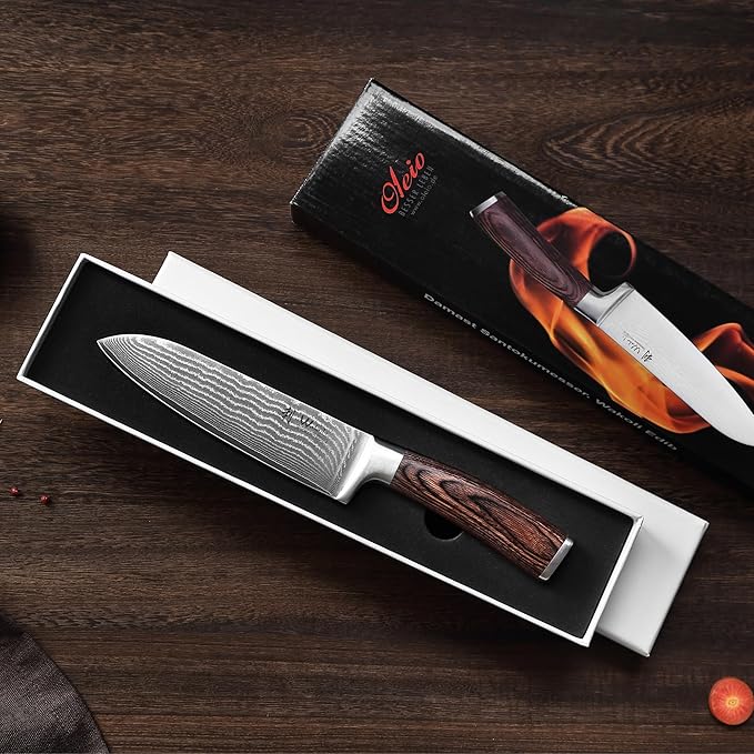 Wakoli EDIB Damascus Santoku Knife – 6.7-Inch Japanese Style Kitchen Knife | Genuine 67-Layer Damascus Steel Blade with VG10 Core | Ergonomic Pakkawood Handle | Professional Cooking Knife in Gift Box