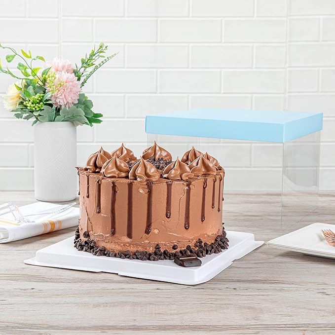 Restaurantware Sweet Vision 8.5 Inch x 6.75 Inch Transparent Cake Boxes, 10 Grease Resistant Base Clear Cake Boxes - Blue Lid, Blue Ribbon, Plastic Birthday Cake Boxes, For Weddings Or Birthdays