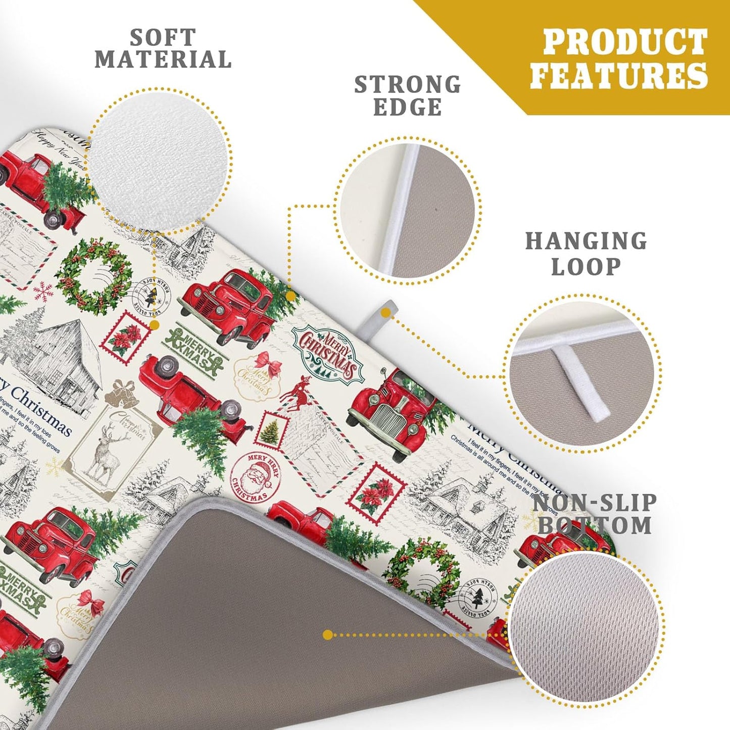 Christmas Red Truck Dish Drying Mat for Kitchen Counter Vintage Xmas Theme Drying Mat 18x24 Inch Winter Holiday Absorbent Dish Drainer Mat Christmas Kitchen Accessories