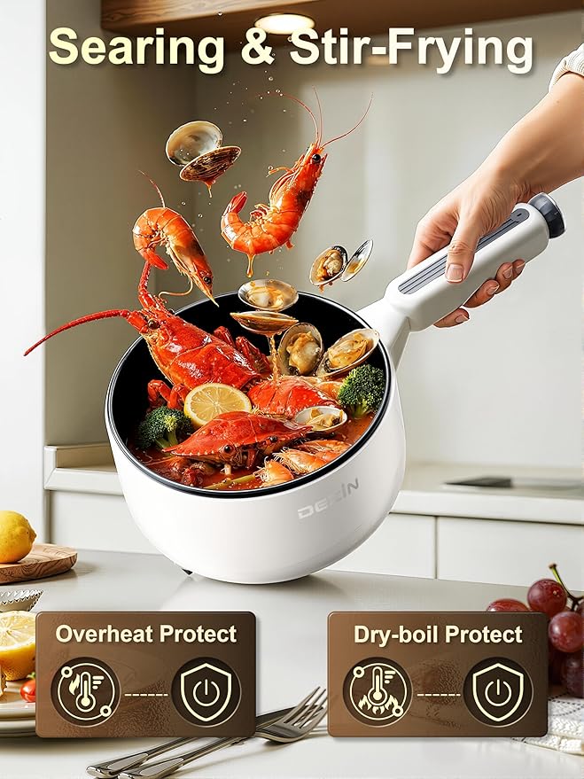 Dezin Electric pot with Steamer, 2L Non-Stick Sauté Pan, 5-in-1 Multifunctional Hot Pot Electric for Steak, Fried Rice, Oatmeal, Soup, Dual Power Control, Portable Pot for Dorm, Office & Small Kitchen