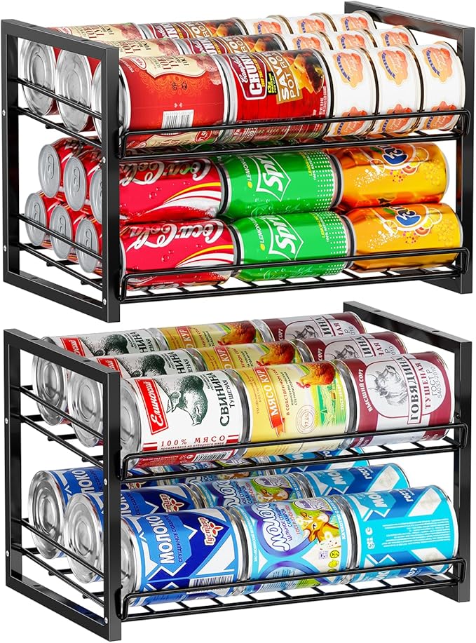 SUFAUY Stackable Can Rack Organizer for Pantry, 2 Tier Soda Canned Food Storage Holds Up to 60 Cans, Steel Square Frame, 2 Pack