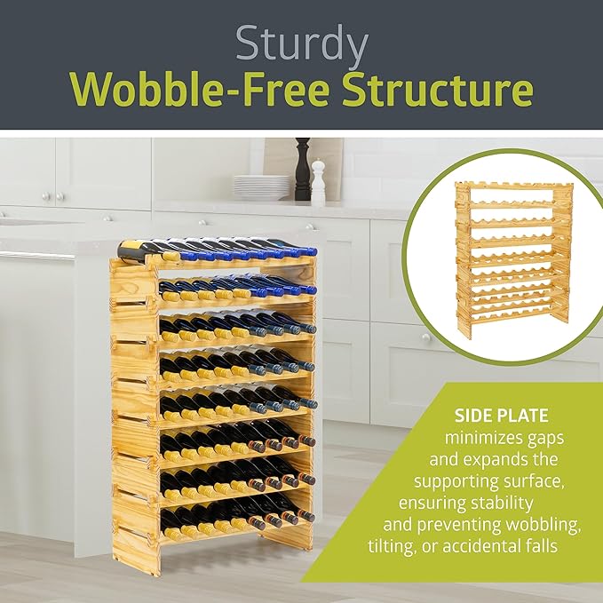 Pearington 72 Bottle Stackable Modular Wine Rack, 8-Tier Solid Pine Wine Bottle Holder, Free Standing Display Shelf, Wobble-Free Shelves for Kitchen, Bar, and Cellar, 10” x 33.5” x 43”