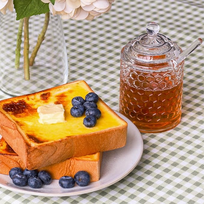 Glass Honey Jar with Lid and Dipper, Honeycomb-Inspired Design Container, Heavy Honey Pot for Home Kitchen (10 oz)