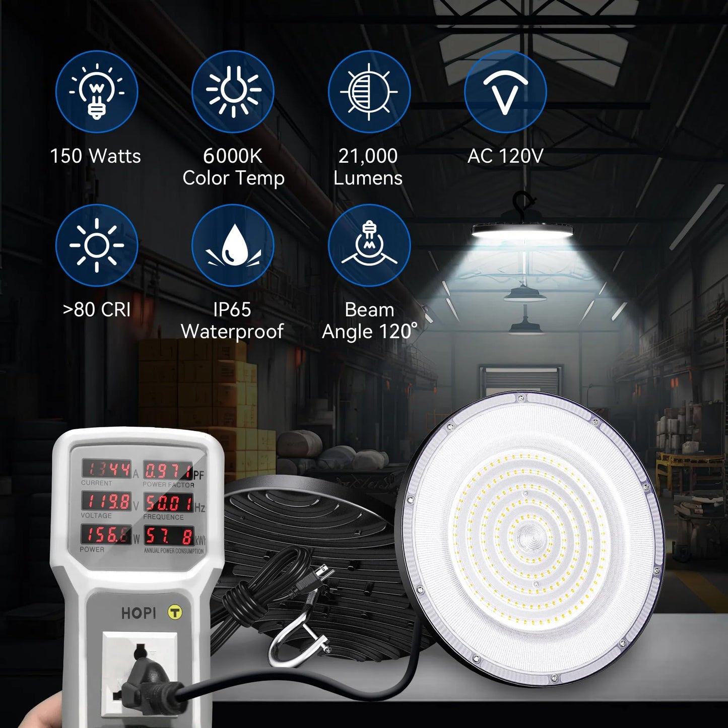 4 Pack Led High Bay Light 150W  21000Lm  6000K Daylight Ufo High Bay Led Shop Lights With 5 Cable Us Plug  Ip65 Waterproof 120V Commercial Lighting Fixture For Warehouse Workshop Barn Factory