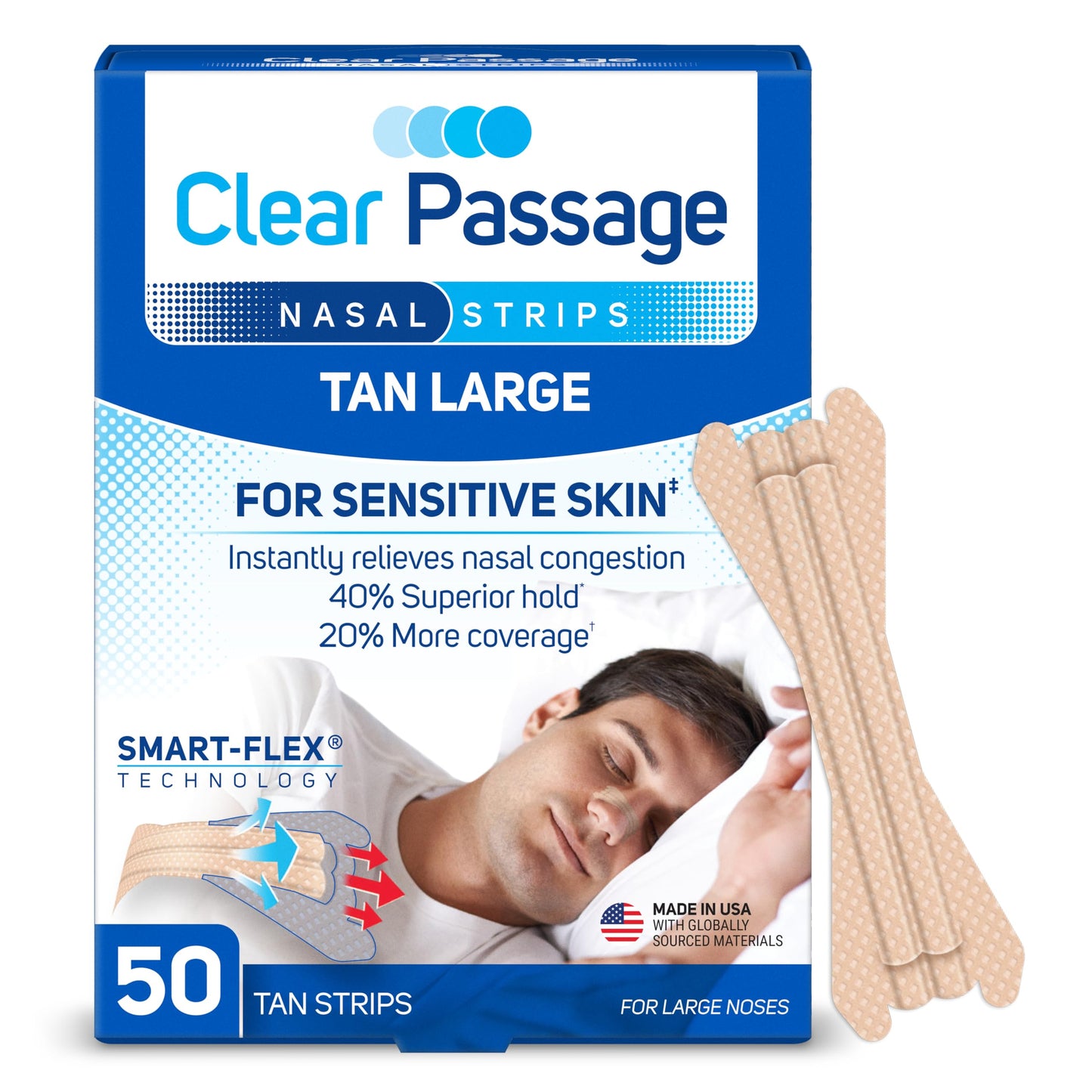 Clear Passage Nasal Strips Large, Tan, 50 ct | Works Instantly to Improve Sleep, Reduce Snoring, & Relieve Nasal Congestion Due to Colds & Allergies