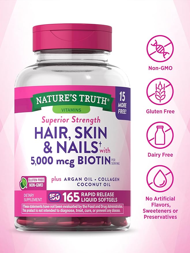 Nature's Truth Hair, Skin & Nails Vitamin | 5000mcg Biotin | 165 Softgels | with Collagen | Non-GMO & Gluten Free Supplement (Pack of 2)