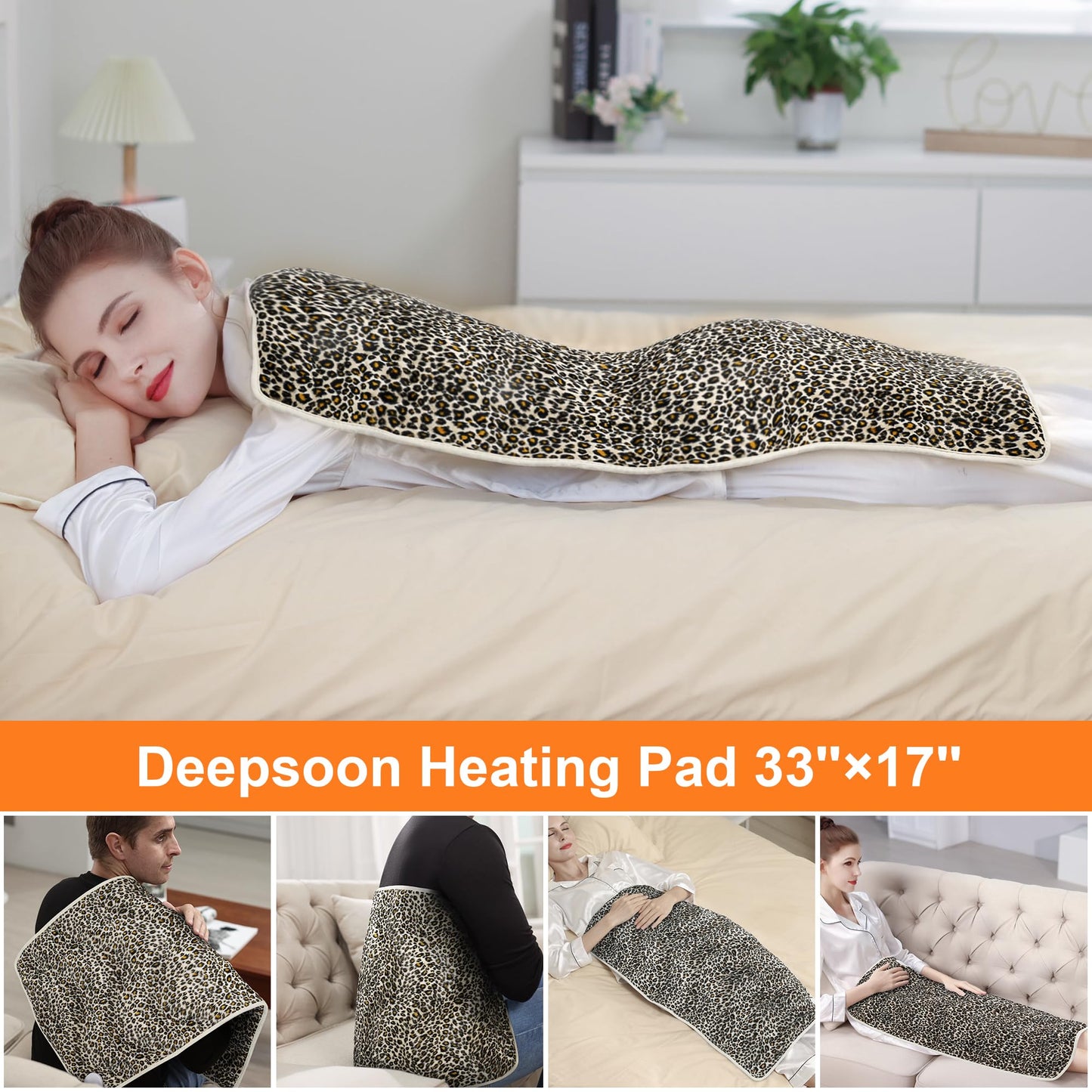 Deepsoon Heating Pad,Electric Heating Pads for Back,Neck,Abdomen,Moist Heating Pad for Shoulder,Knee,Arms,Legs,Dry/Moist Heat & Auto Shut Off,Christmas Gifts for Men and Women,Leopard Print,33x17 Inch