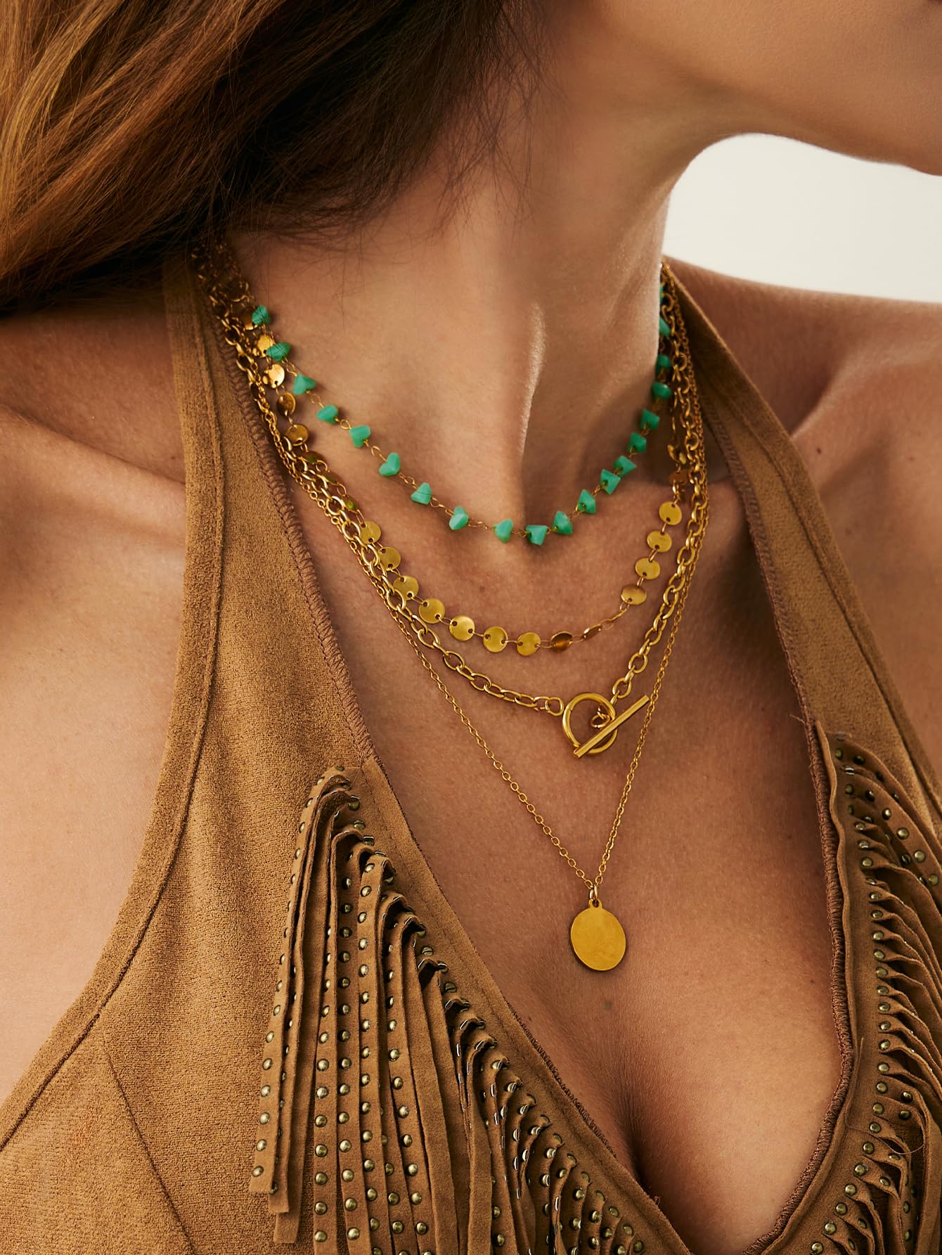 Inactwin Layered Gold Necklaces for Women Stack Boho Turquoise Western Coin Pendant Necklace Country Concert Beach Fashion Jewel