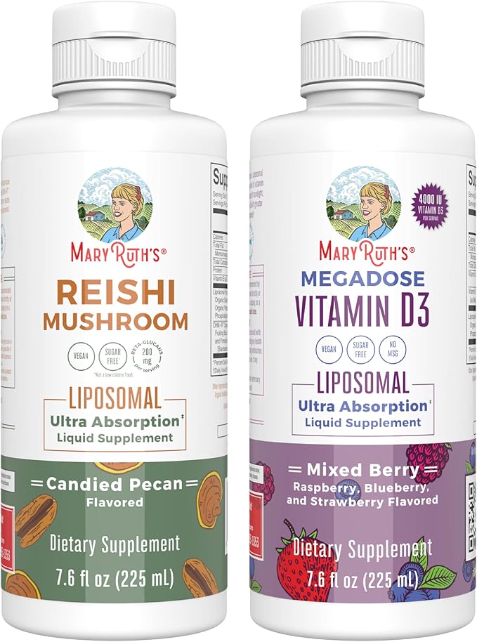 MaryRuth Organics Reishi Liposomal (Candied Pecan) & Vitamin D3 Liposomal (Mixed Berry) |Clean Label Project Verified® | Vitamins for Immunity, Calm, & Overall Wellness | Vegan, Non-GMO, Gluten-Free