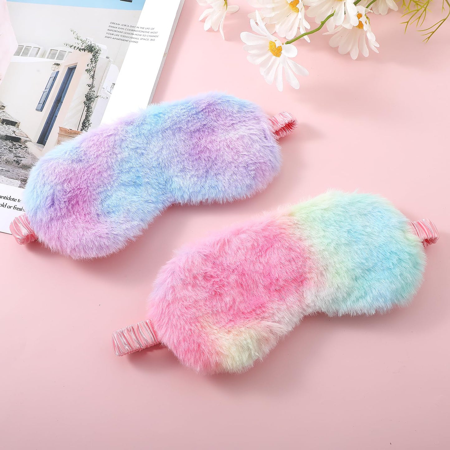 2 Pack Plush Sleeping Eye Mask Soft Plush Eye Mask Fuffy Eye Cover Comfortable Sleep Mask Blindfold Rainbow Faux Fur Eye Shade for Women, Men and Kids Travel Nap Sleeping