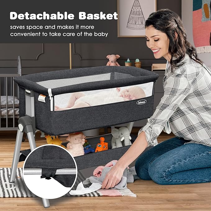 INFANS Baby Bassinet Bedside Crib, Newborn Sleeper w/Large Storage Basket, Adjustable Heights, Detachable &Washable Mattress, Breathable Mesh, Straps, Easy Moving Bed Side (Grey)