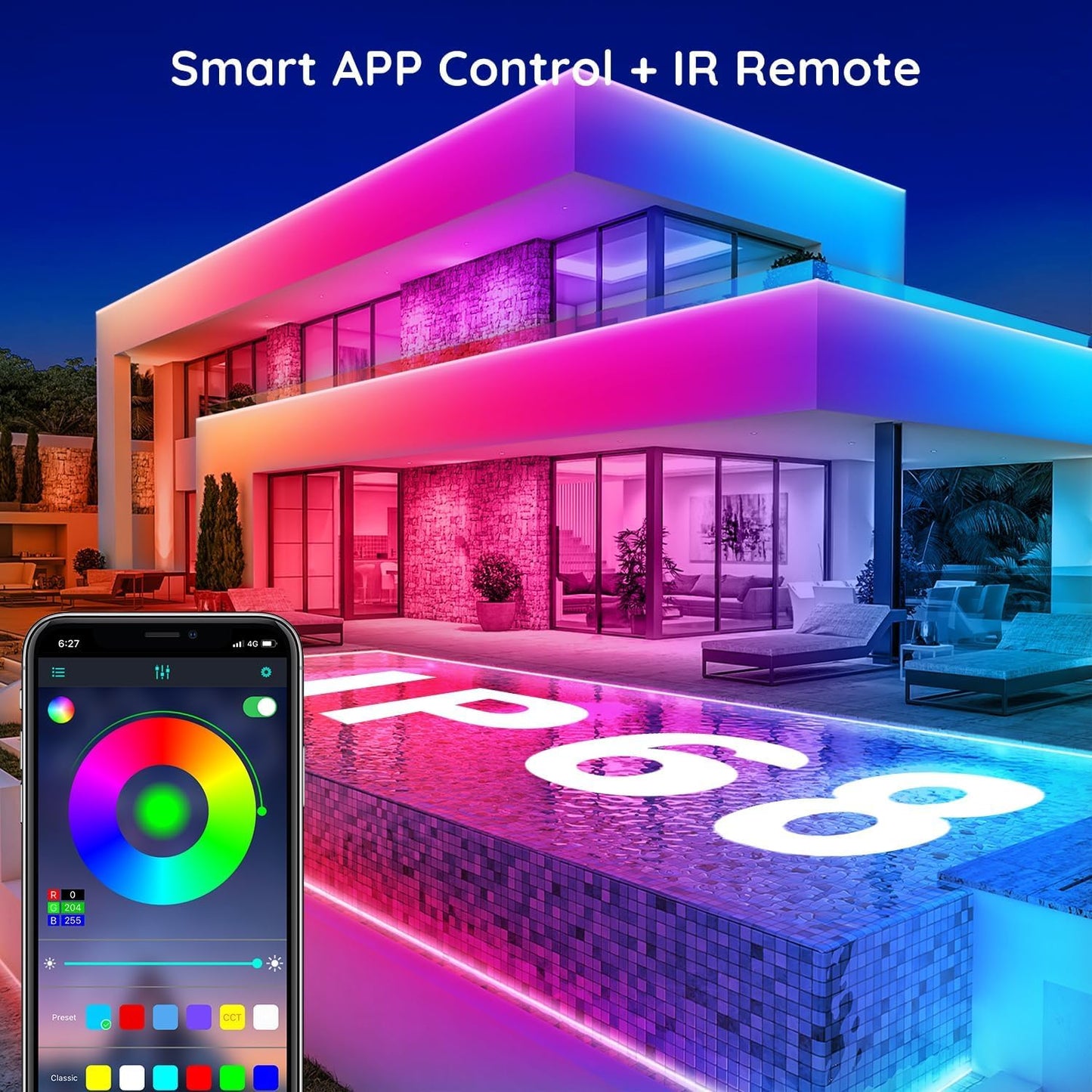 Outdoor LED Strip Lights Waterproof,Music Sync RGB IP68 Outside Led Light Strips Waterproofs with App and Remote,Exterior Led Rope Lights Waterproof for Deck,Balcony,Roof,Garden,Pool (50FT)