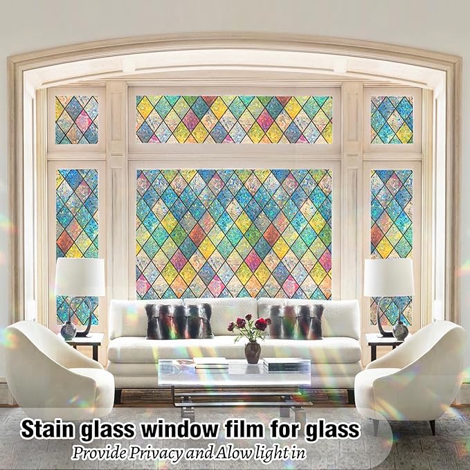 QHY Sunshine Colorful Rainbow Stained Glass Window Film Non-Adhesive Window Privacy Film Reusable Decorative for Room (Chequered Rainbow, 17.5 X 78.7 in)