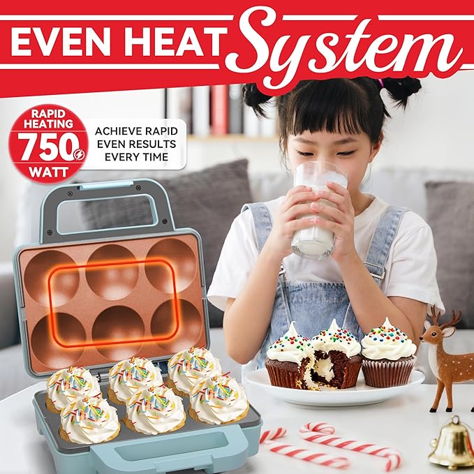 6-Count Cupcake Maker Machine, Bakes 6 X 2.5 Inch Cupcakes, Muffins, Pizza Cups, Cinnamon Buns, Cool-touch Handle, Non-stick Coating, Recipe Included, Aqua