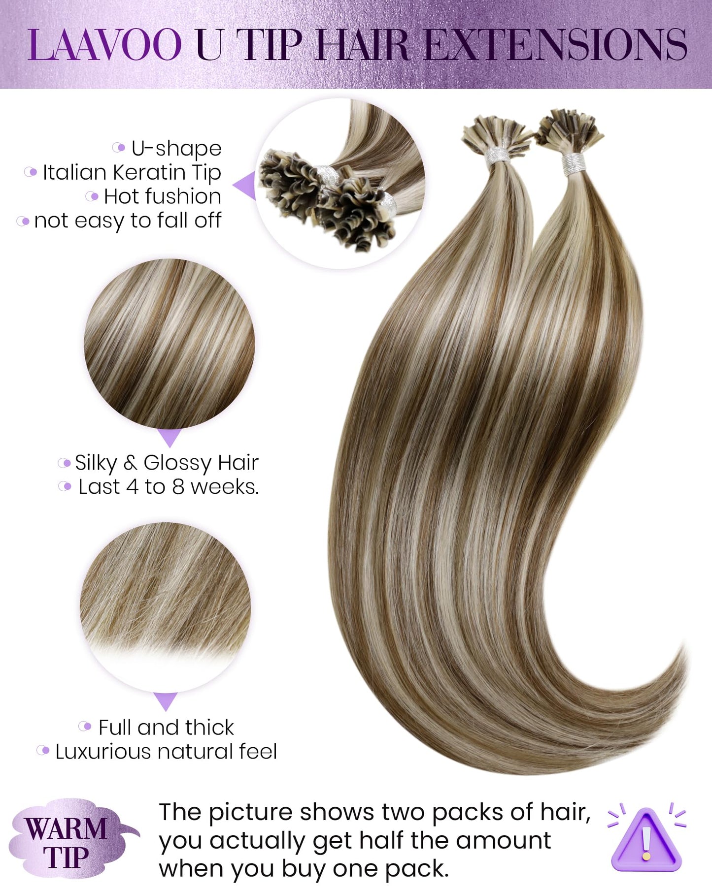 LaaVoo U Tip Hair Extensions Human Hair Blonde Utip Hair Extensions Human Hair Highlight Ash Brown with Light Blonde K Tip Hair