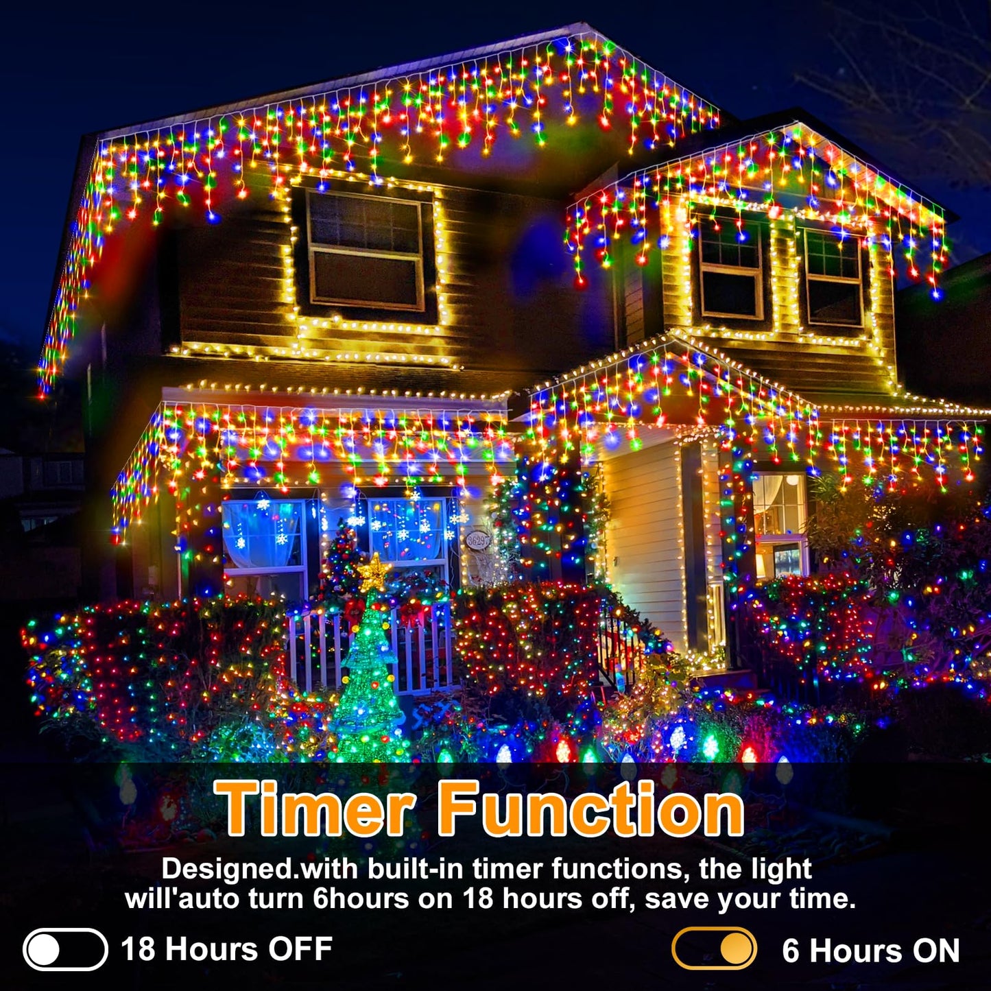 Heceltt Christmas Lights Outdoor 1280 LED 131FT Multicolor Ice String Lights with Timer, Clear Wire, 8 Modes, Model BG-CL3M3-306L01