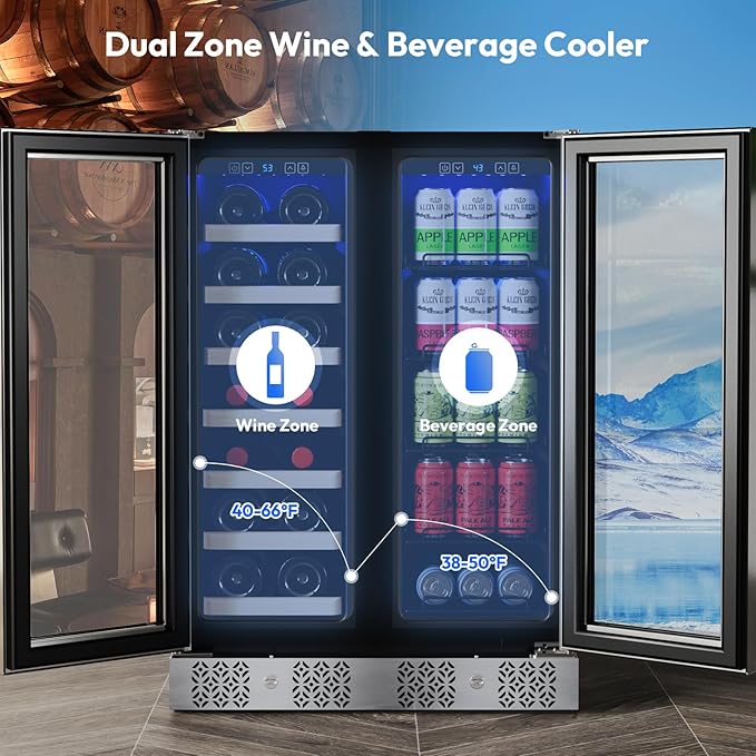 Empava Wine and Beverage Refrigerator, 24 inch Dual Zone Wine and Beverage Cooler 78 Cans and 20 Bottles Capacity, Built-in or Freestanding Wine Fridge with Glass Doors and LED Light