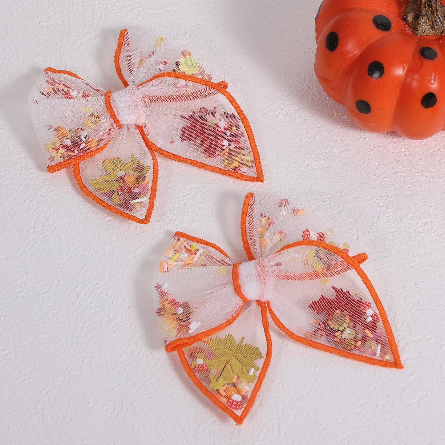 Fall Thanksgiving Turkey Mesh Tulle Hair Bow Clips for Girls, 2Pcs 4 Mushroom Shaker Fable Bow Cheer Barrettes,Autumn Holiday ou