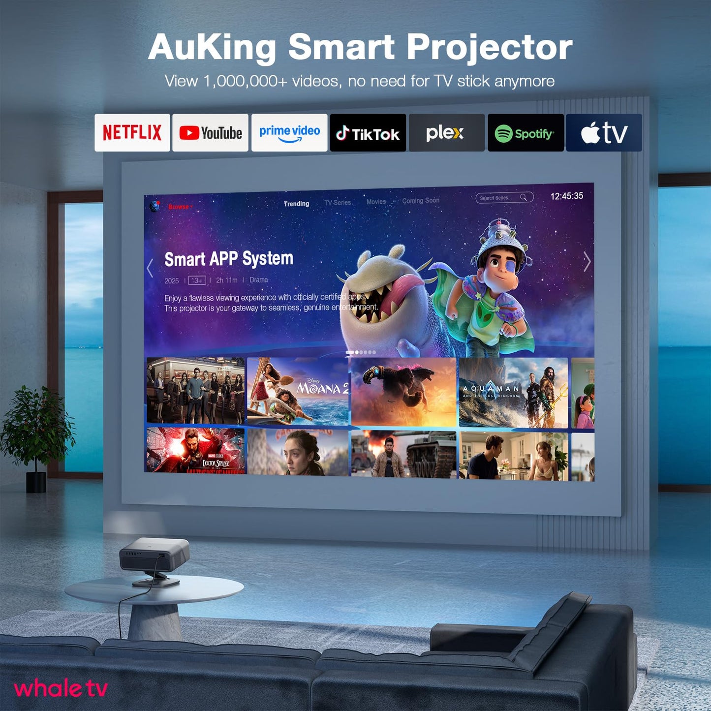 [2200ANSI & Compatible with Netflix] 4K Projector with WiFi and Bluetooth,3D Dolby Audio and Auto Focus Smart Projector, AuKing Outdoor Movie Home Theater Proyector with Omni-Adjustable Stand