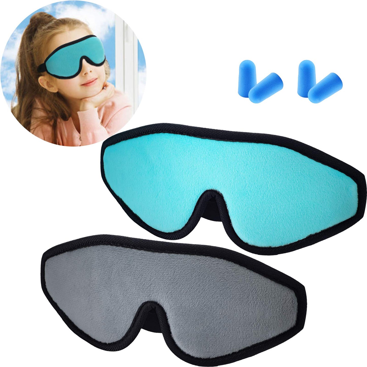 2 Pieces 3D Sleep Mask for Kids Memory Foam Contoured Eye Mask, Travel Sleep Eye Cover with Adjustable Strap, 3D Blindfolds(Gray and Green)