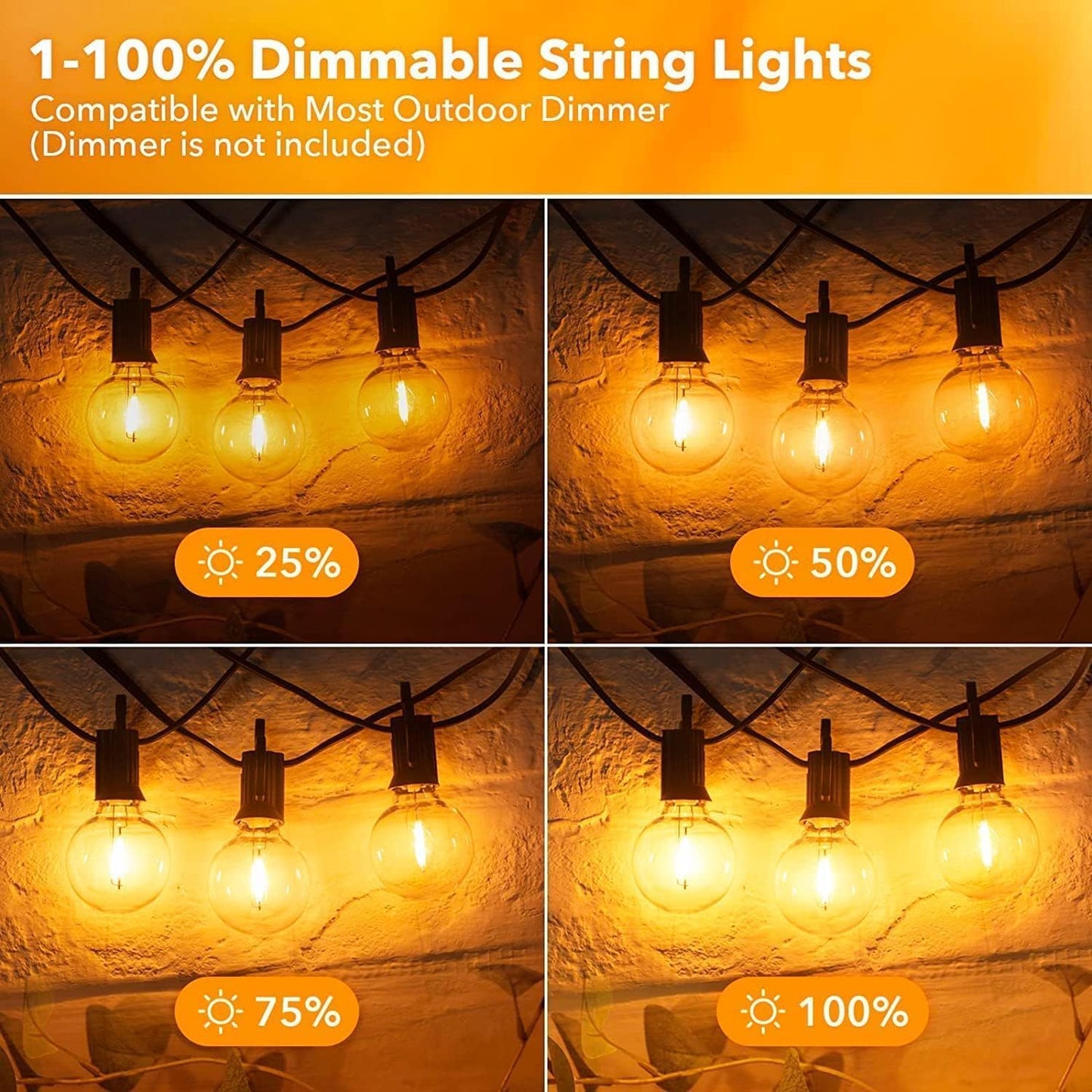 Brightown Outdoor String Lights - 100FT Patio Lights with 50 LED G40 Bulbs, All-Weatherproof, Black, Model GYPC-O50LAU