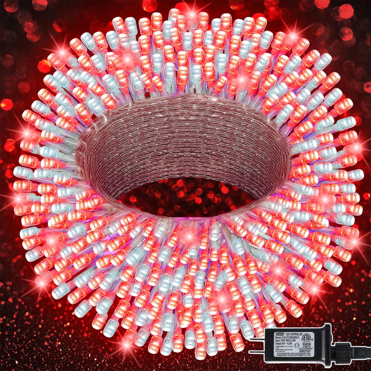 LJLNION 300 LED Christmas Lights, 98.5FT Waterproof String Lights, 8 Modes, Red & White, Indoor/Outdoor Decorations