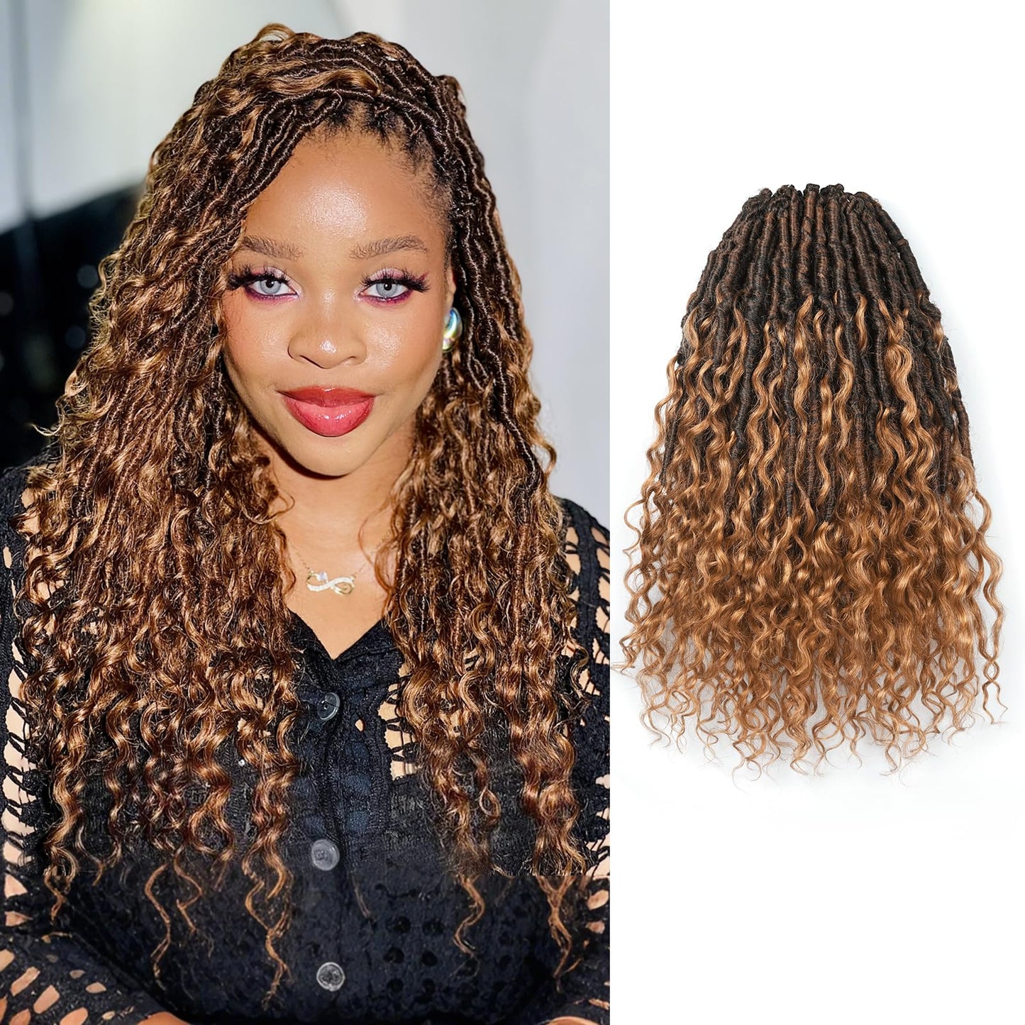 ToyoTress Boho Croceht Locs With Human Hair Curls - 16 Inch 8 Packs Ombre Brown Handmade Pre-Looped Crochet Braids For Black Wom