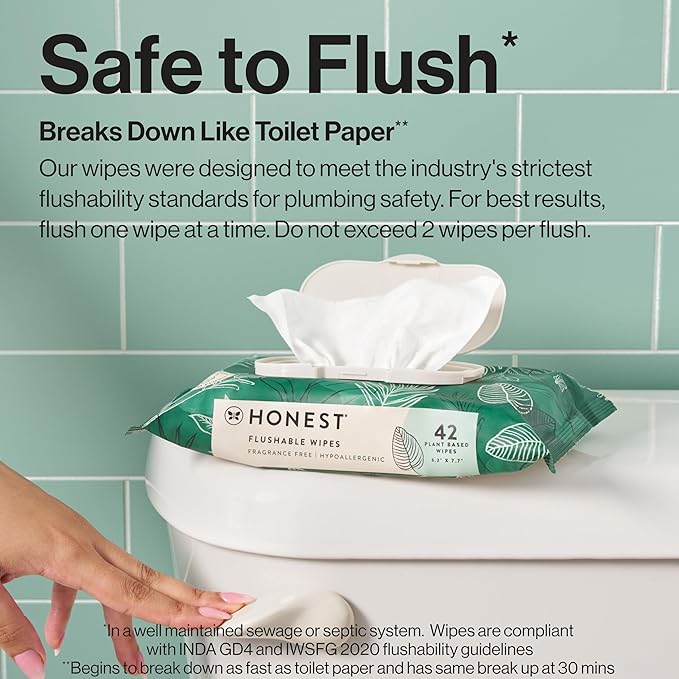 The Honest Company Flushable Wipes for Sensitive Skin, Fragrance-Free Hypoallergenic pH-Balanced Feminine Wipes, 99% Water Safe-to-Flush Wipes, Tropical Leaves, 126 Count