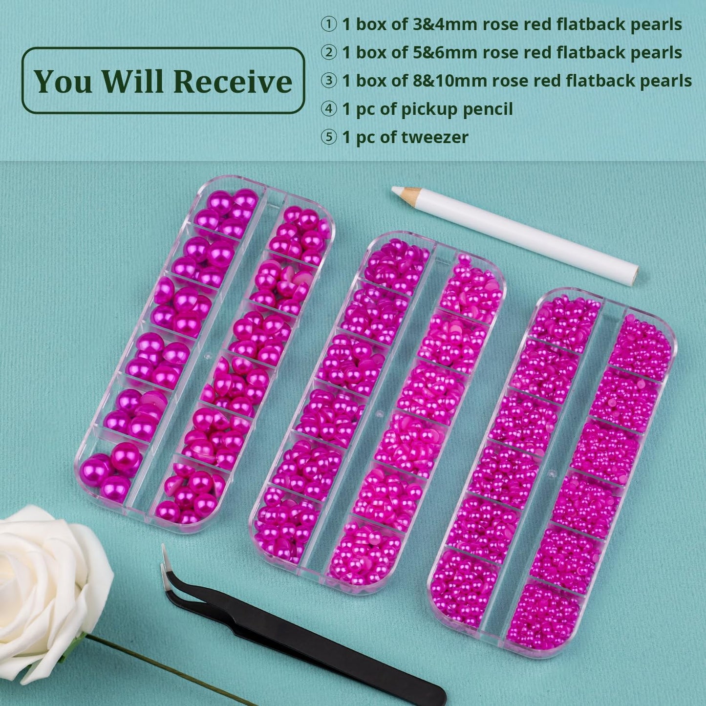 3 Boxes Flat Back Pearls Kit 11 Flatback Rose Red Half Round Pearls 3-10mm with Pickup Pencil and Tweezer for Home DIY and Profe