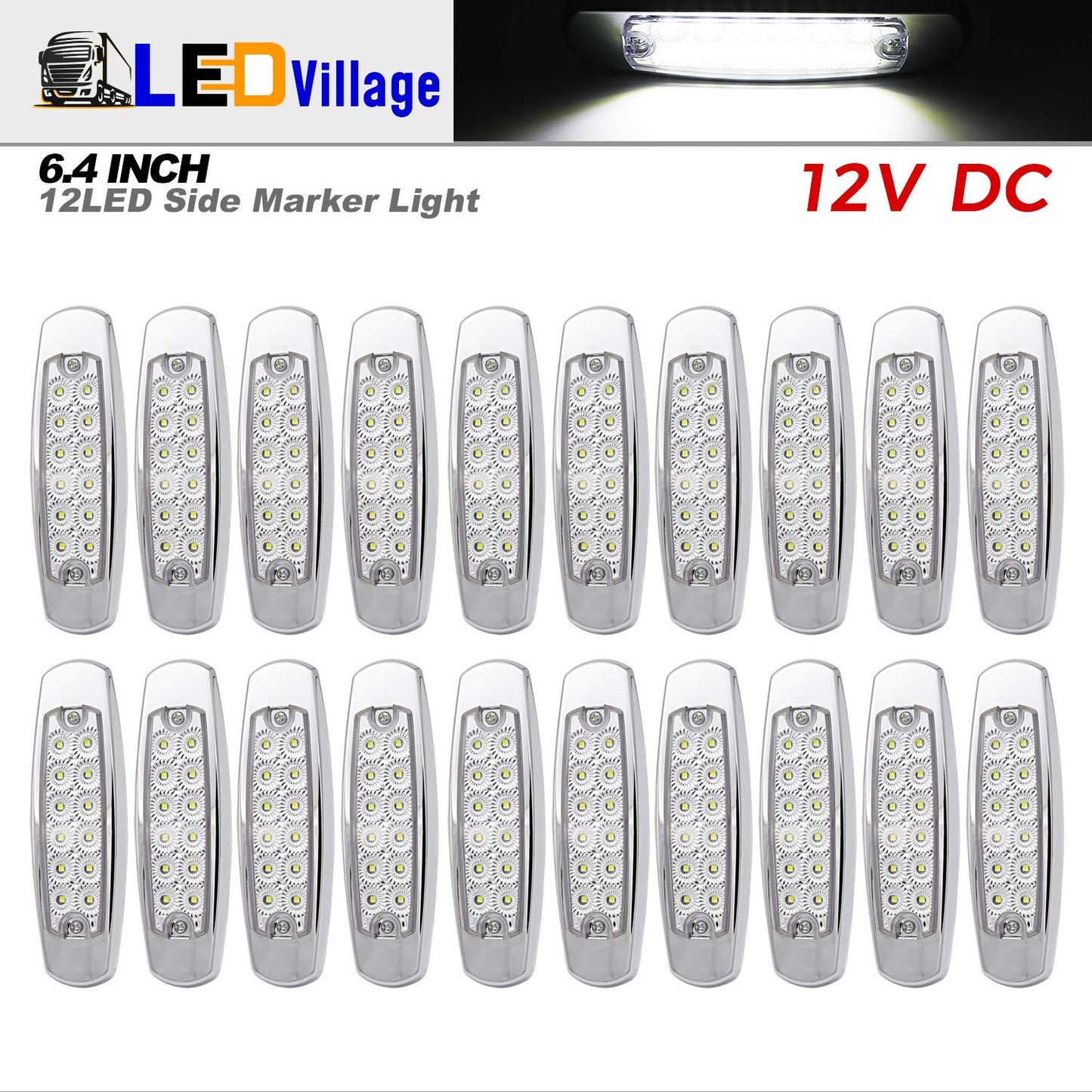 LEDVILLAGE 12 LED Side Marker Lights for Trailer Truck, Waterproof, 6.4in x 1.7in x 0.5in, White, Pack of 20
