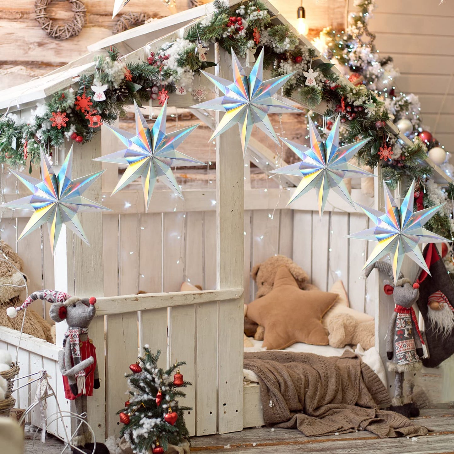 5Pack 9-Pointed Paper Star Lanterns 11.8 Inch Iridescent Hanging Paper Lampshade For Winter Wonderland  Christmas Holiday  Weddings  Frozen Birthday Party Celebration Decor