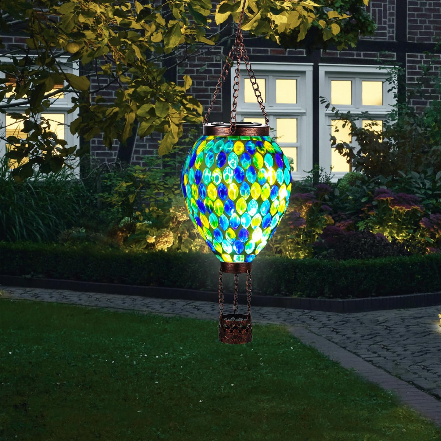 Voreen Hot Air Balloon Solar Lantern  Handmade Mosaic Solar Outdoor Hanging Wind Light  Waterproof  Patio Festive Decor  Gift For Mom Wife Friend  Blue