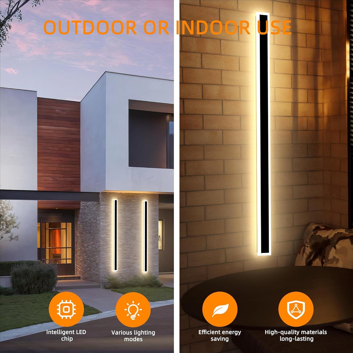 Modern Outdoor Wall Lights, 2 Pack Long Wall Sconce, Lighting Fixtures Long Wall Light 24w Waterproof Ip65 Black Exterior Sconce Led Linear Light for Garage, Patio (2pack-black, 60inch)