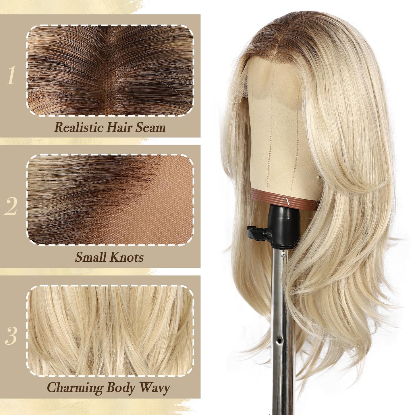 BABEHERS Blonde Synthetic Lace Front Wig, 13x4 Straight Highlight Layered Wigs for Women Pre-plucked Natural Hairline Heat Resis