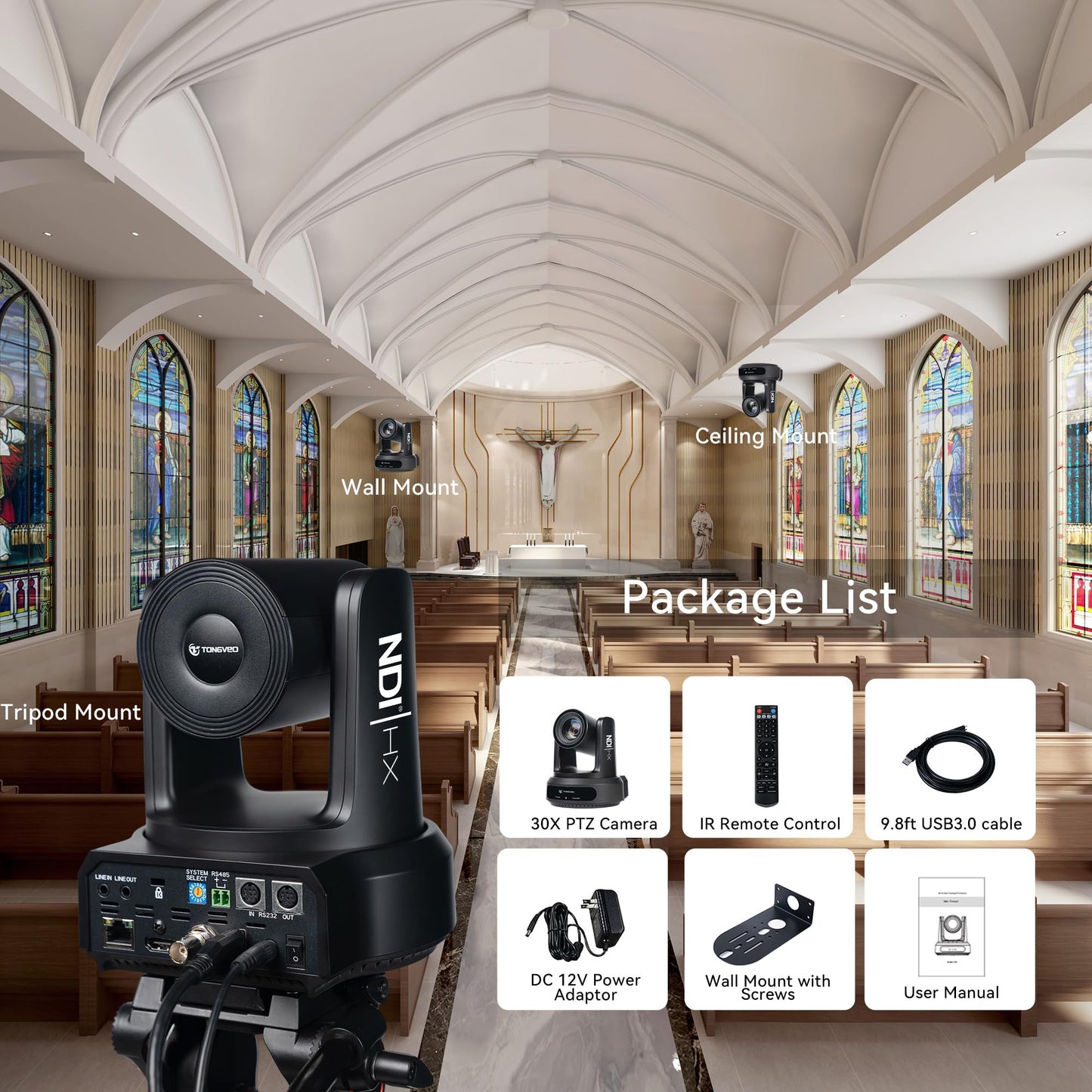 TONGVEO NDI AI Auto-Tracking IP PTZ Camera SDI/HDMI/USB3.0/LAN PoE 30X Optical + 16X Digital Zoom 1080P 60fps for Live Streaming Church Services Education Video Conference with OBS vMix and More