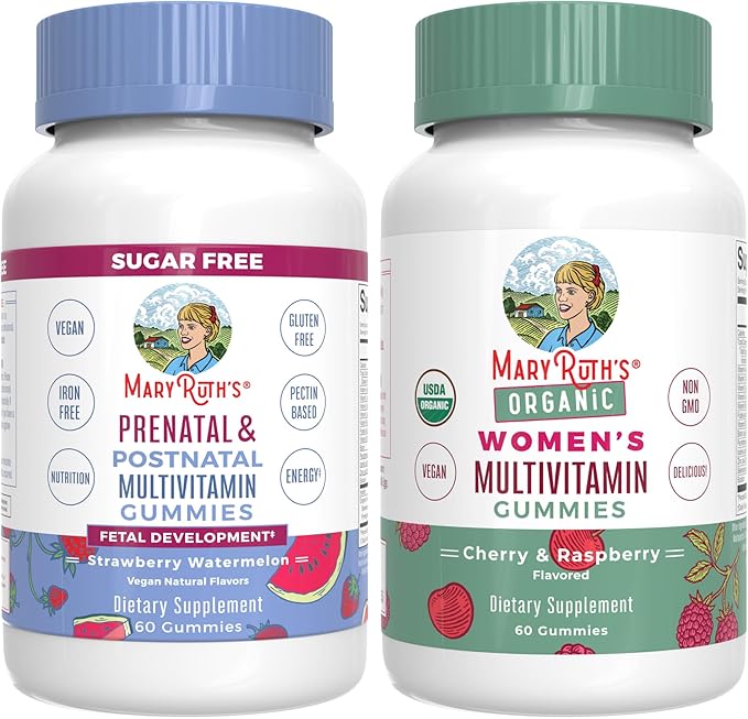 MaryRuth Organics Prenatal Postnatal Multivitamin Gummies (Strawberry) & Women's (Cherry & Raspberry) | USDA Organic | Vitamins for Breastfeeding, Beauty, & Immunity | Vegan, No Gelatin