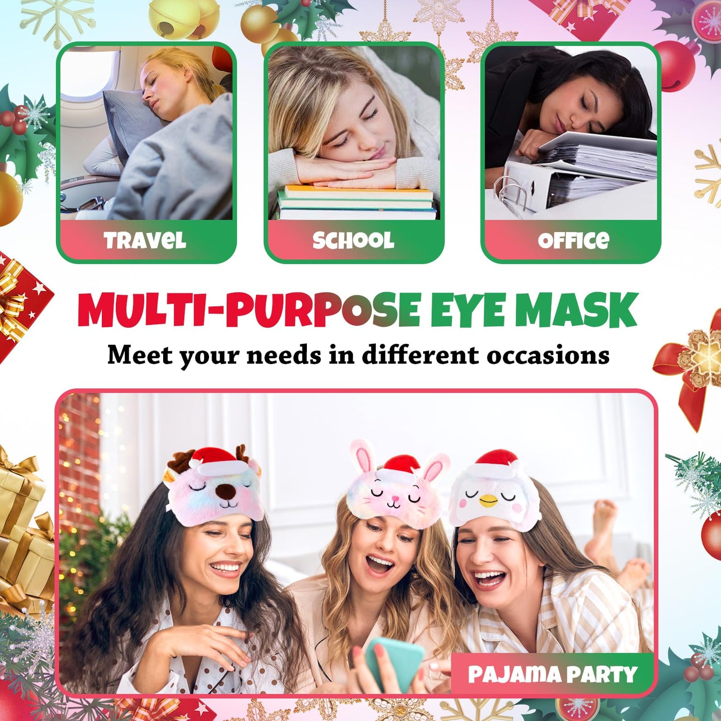 Geyoga 6 Pieces Christmas Sleeping Mask for Kids Girls Eye Mask Cute Reindeer Penguin Bear Animal Soft Plush Blindfold Eye Cover Shade for Toddler and Adult Xmas Party Gifts(Rainbow)
