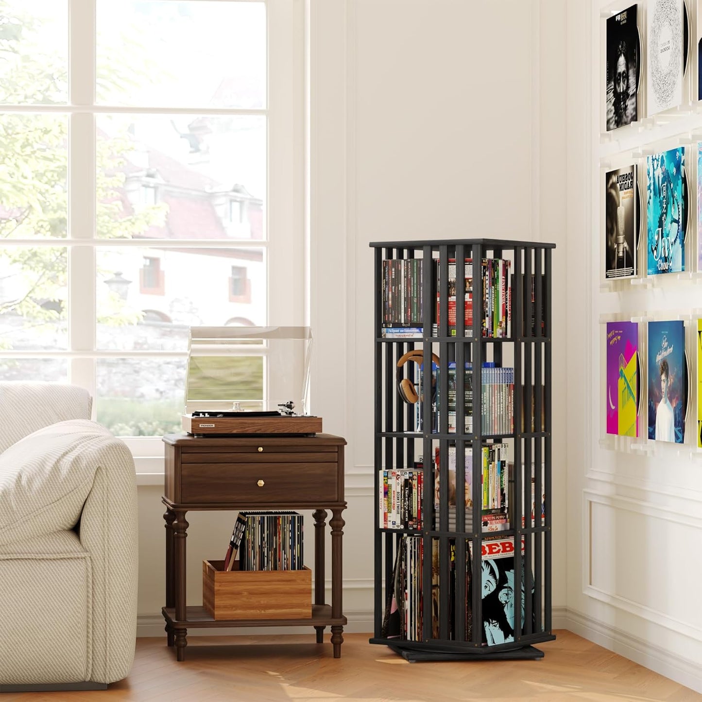 XIMN 360° Rotating Bamboo CD/DVD Shelf - 6-Tier Space-Saving Media Storage Cabinet for Movies, Organizer with Super Compact Design (Black, 4 Tier)