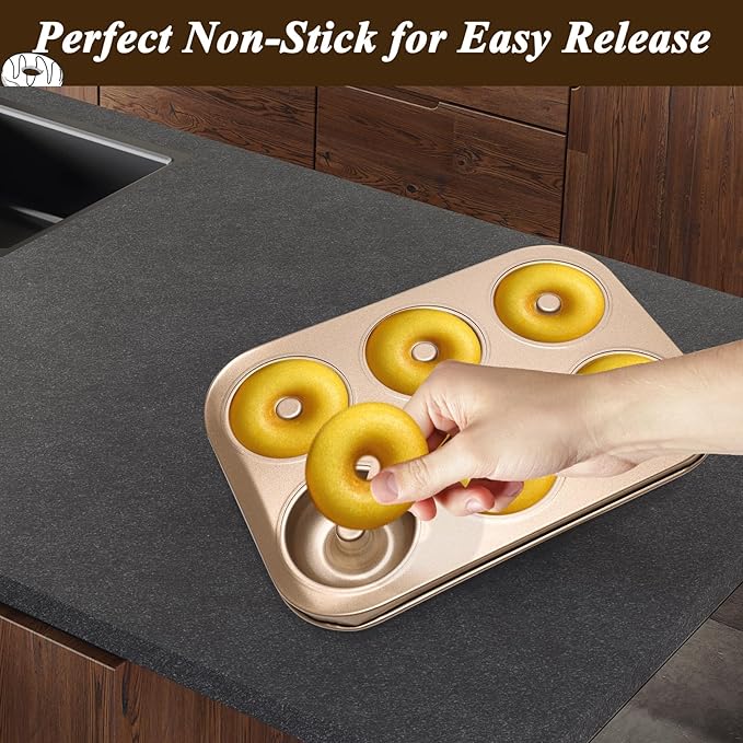 2PCS Donut Pan Carbon Steel 6-Cavity Donut Pan for Baking Doughnut Nonstick & Easy Clean & Dishwasher Safe Donut Mold for Cake, Dessert & Bagel (Champagne Gold)