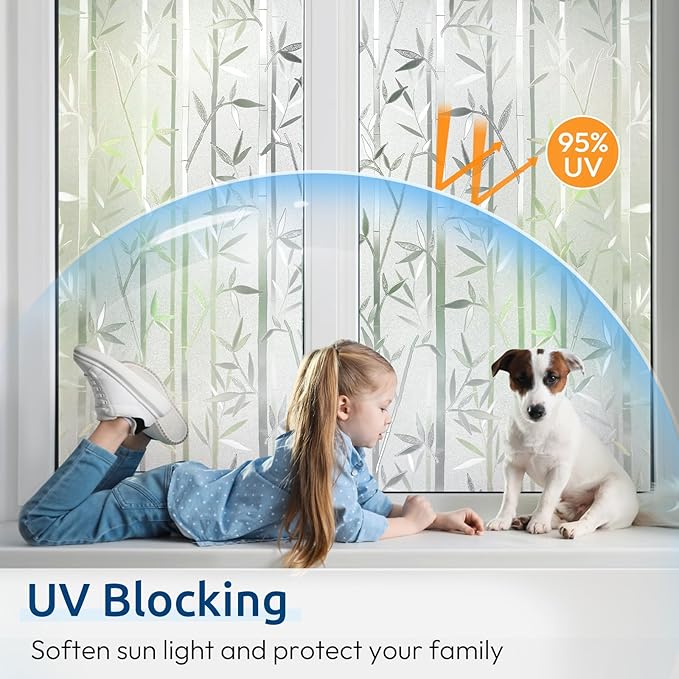 rabbitgoo Window Privacy Film Frosted Bamboo Pattern, Removable UV Blocking Stained Glass Decals Covering Decorative Window Cling for Home, 35.4 in X 6.5 Feet, Regular