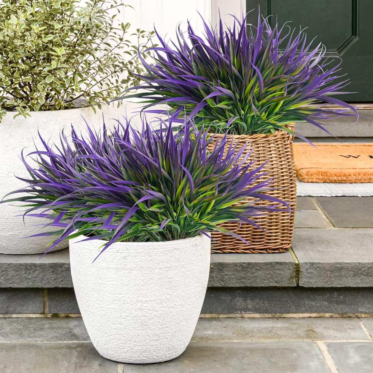 Uieke 12 Bundles Artificial Outdoor Plants UV Resistant Fake Grass Plants Faux Plastic Plants Greenery Shrubs for Home Garden Pathway Window Box Front Porch Cemetery Spring Summer Decor, Purple